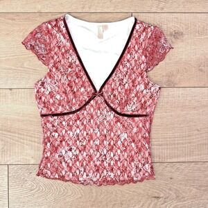 Y2K Burgundy Floral Lace Cap‎ Sleeve V Neck Baby Tee Velvet Trim M Fairy Grunge